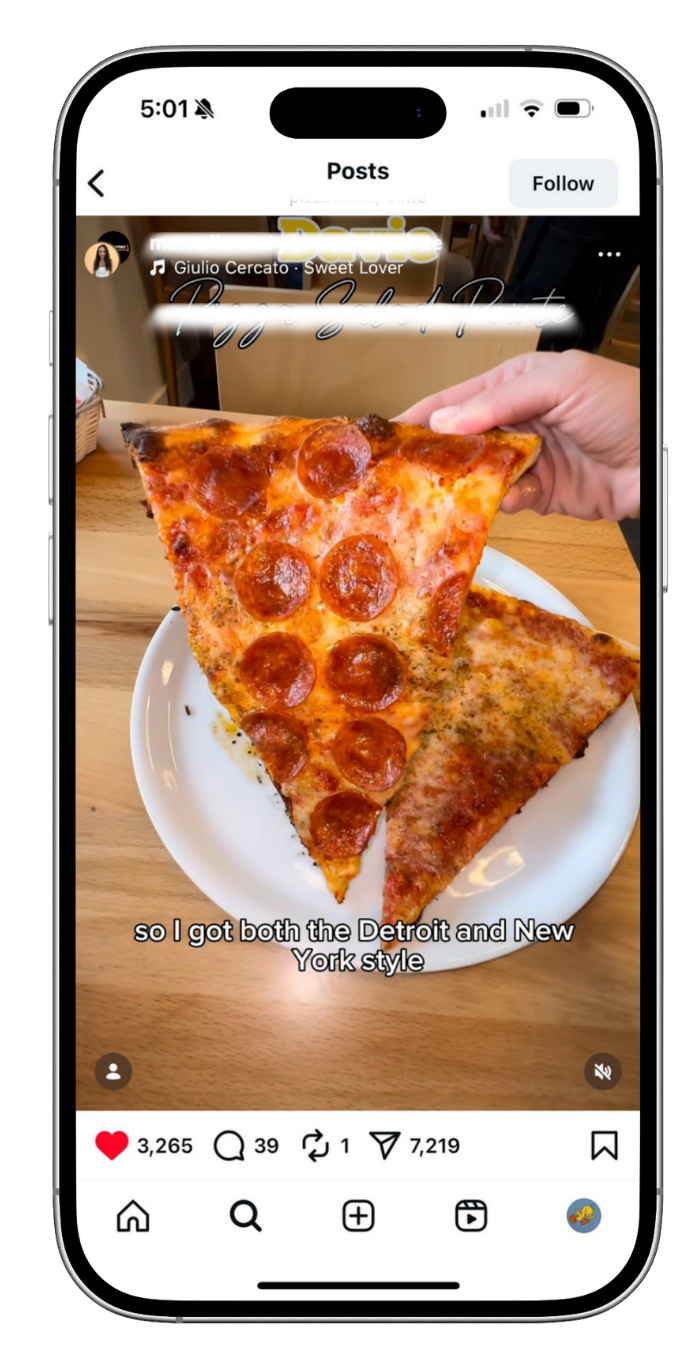an Instagram Reel posted by a local influencer showing two large slices of pizza on a white plate. Engagement metrics such as likes, comments, and shares are visible, indicating strong audience interaction with the reel.